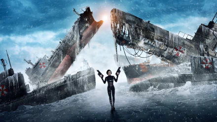 HD desktop wallpaper featuring Alice from Resident Evil: Retribution, portrayed by Milla Jovovich, walking confidently amidst a frozen, broken shipwreck scene.