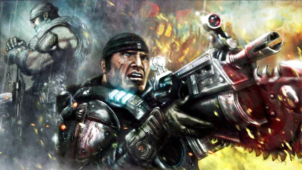 2K Quad HD PC desktop wallpaper of Marcus Fenix from the Gears of War video game: armored warrior firing a chainsaw-equipped rifle amid explosions.