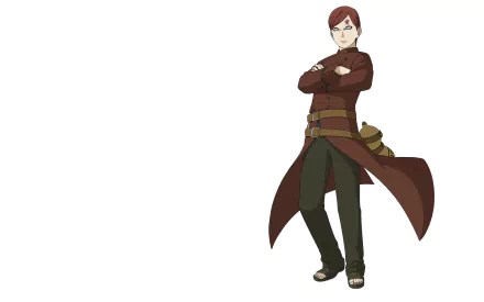 HD desktop wallpaper featuring Gaara from Naruto and Boruto, depicted in his iconic stance with crossed arms, dark red hair, and a long coat. The background is white to highlight the character.