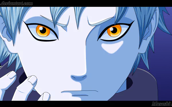 Close-up HD anime wallpaper of Mitsuki from Boruto, showcasing his intense golden eyes and pale blue hair against a dark blue background.