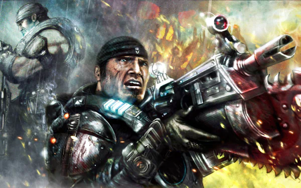 2K Quad HD PC desktop wallpaper of Marcus Fenix from the Gears of War video game: armored warrior firing a chainsaw-equipped rifle amid explosions.