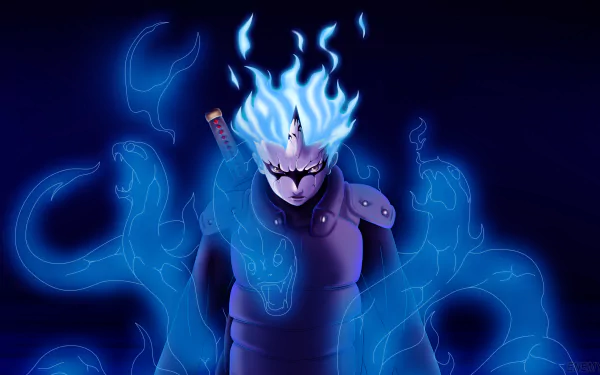 HD PC desktop wallpaper featuring Mitsuki from Boruto in glowing blue chakra mode, surrounded by ethereal serpentine energy in a dark anime-style background.