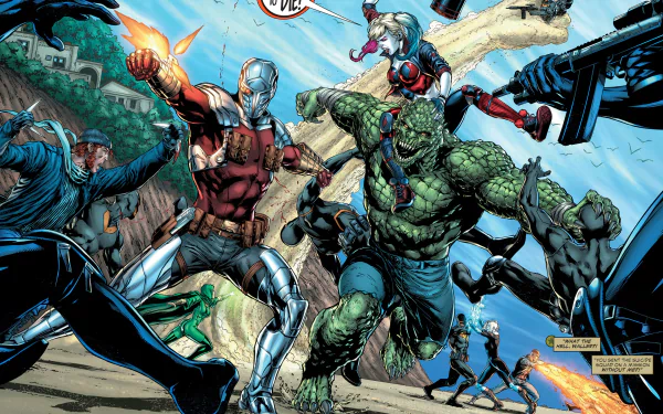 HD desktop wallpaper of a dynamic comic book scene featuring Captain Boomerang, Harley Quinn, and Killer Croc from Suicide Squad in action.