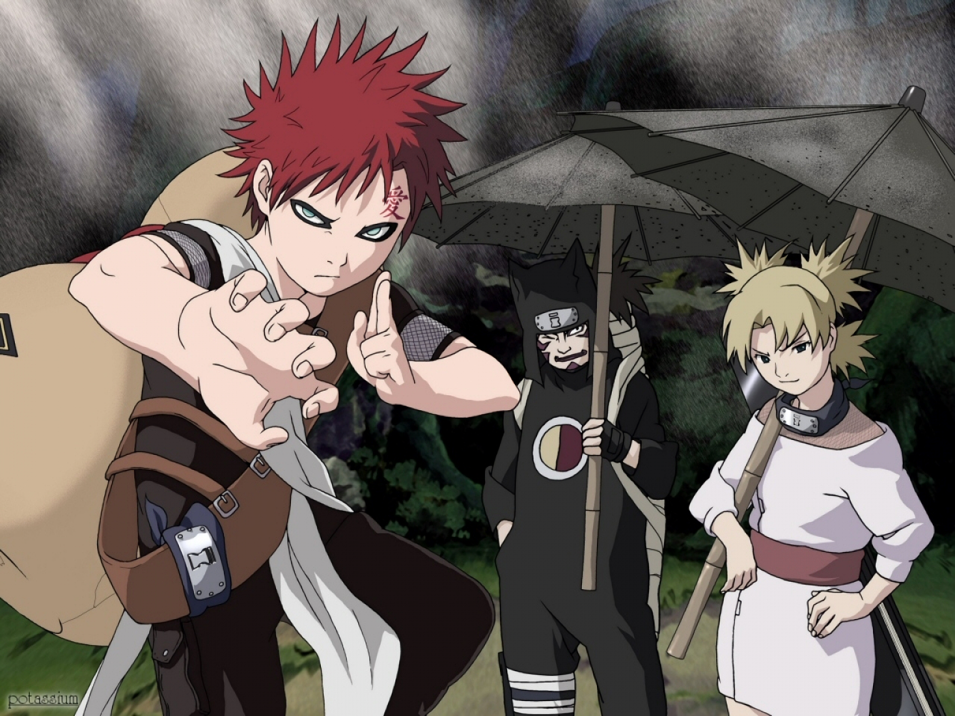 Gaara, Kankuro, and Temari from Naruto.