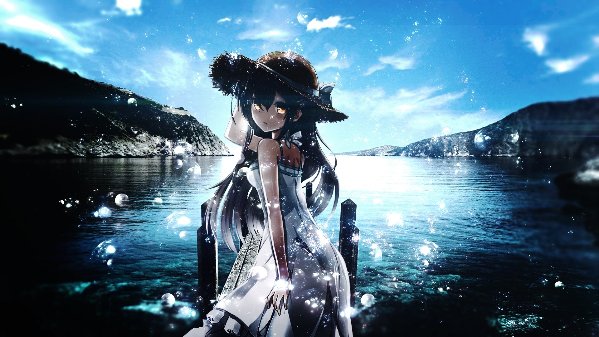 Anime-style original HD desktop wallpaper featuring a girl in a wide-brimmed hat by a sparkling lake with mountains and a bright blue sky in the background.