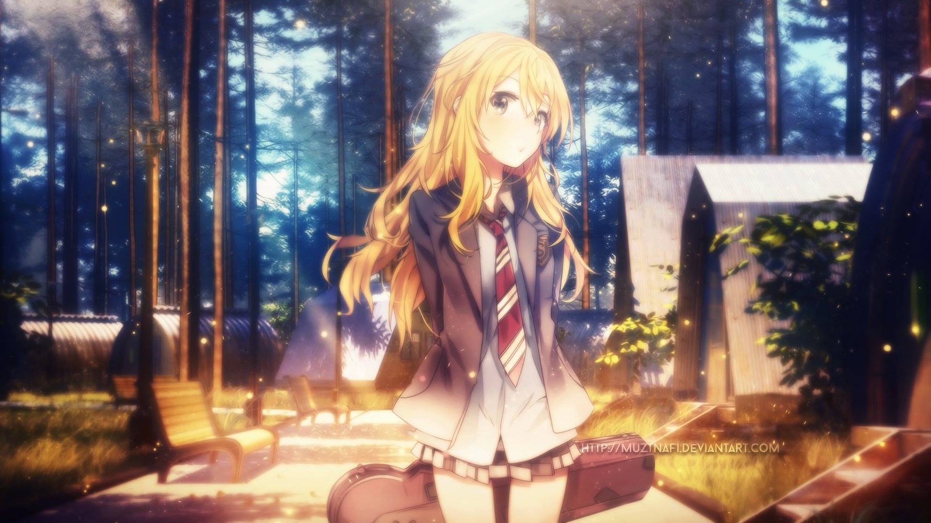 HD desktop wallpaper featuring Kaori Miyazono from the anime Your Lie in April. She is wearing a skirt and standing in a serene forest setting with sunlight filtering through the trees.