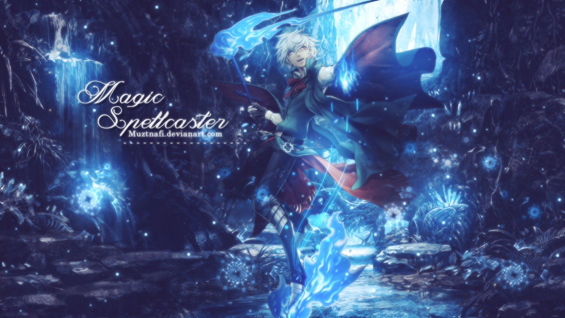 HD anime-style original desktop wallpaper featuring a magical spellcaster surrounded by glowing blue energy and mystical elements in an underwater-like setting.