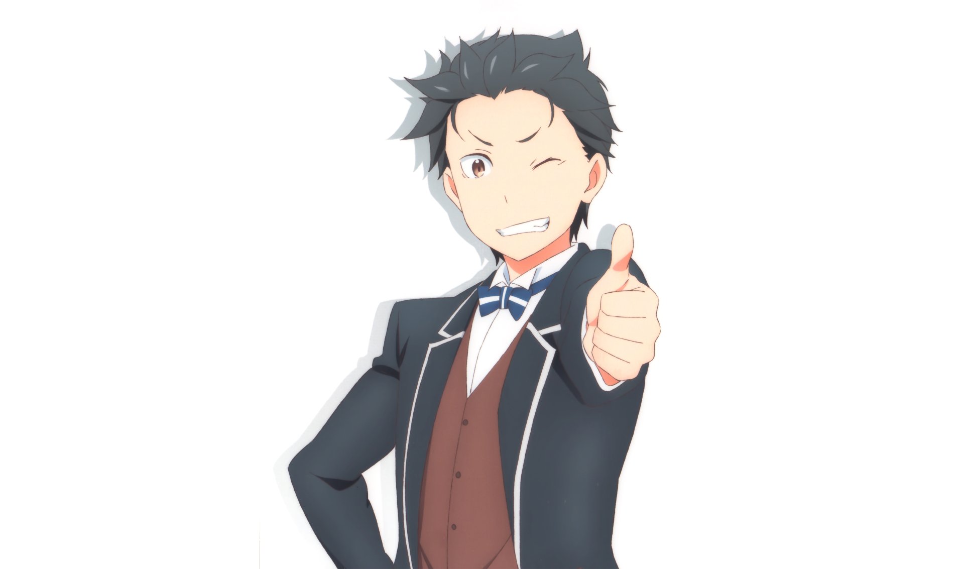 Subaru Natsuki from Re:Zero - Starting Life in Another World depicted in a 4K Ultra HD anime-style PC desktop wallpaper with a thumbs-up pose.