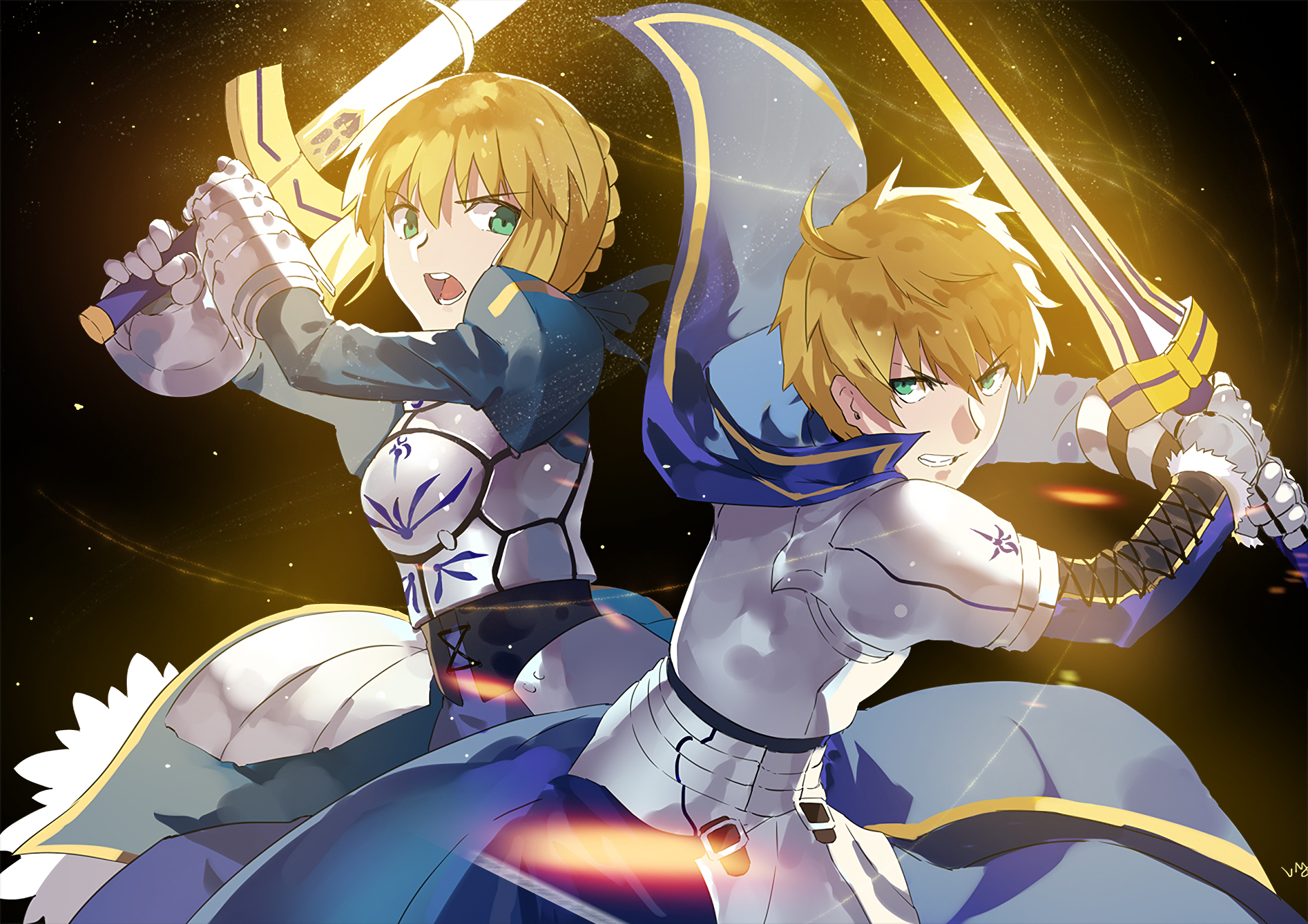 HD PC desktop wallpaper featuring Saber from Fate/Stay Night anime, showcasing dynamic action poses with swords against a glowing, dark background.