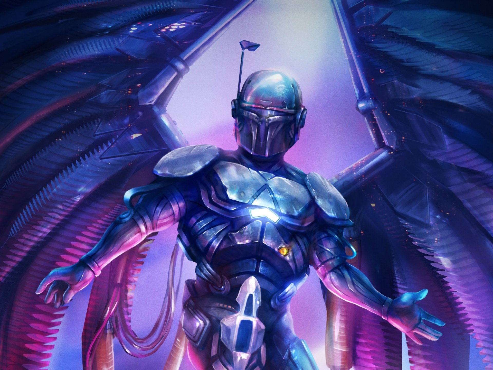 HD PC desktop wallpaper: winged mercenary in Boba Fett-style armor, chrome plating under purple-blue sci‑fi lighting — Star Wars background.