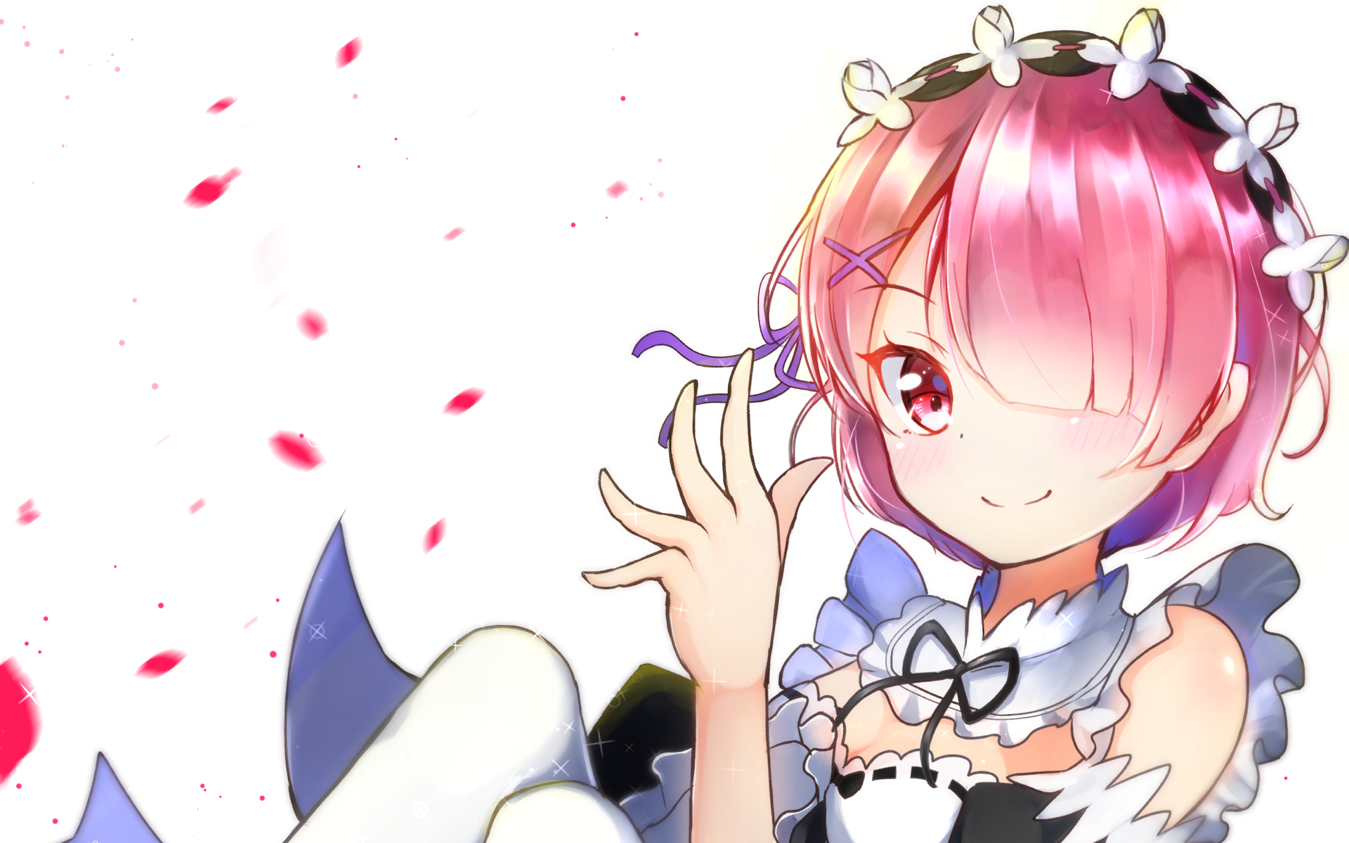 HD desktop wallpaper featuring Ram from Re:Zero - Starting Life in Another World anime, depicted with pink hair, a maid outfit, and surrounded by falling petals.