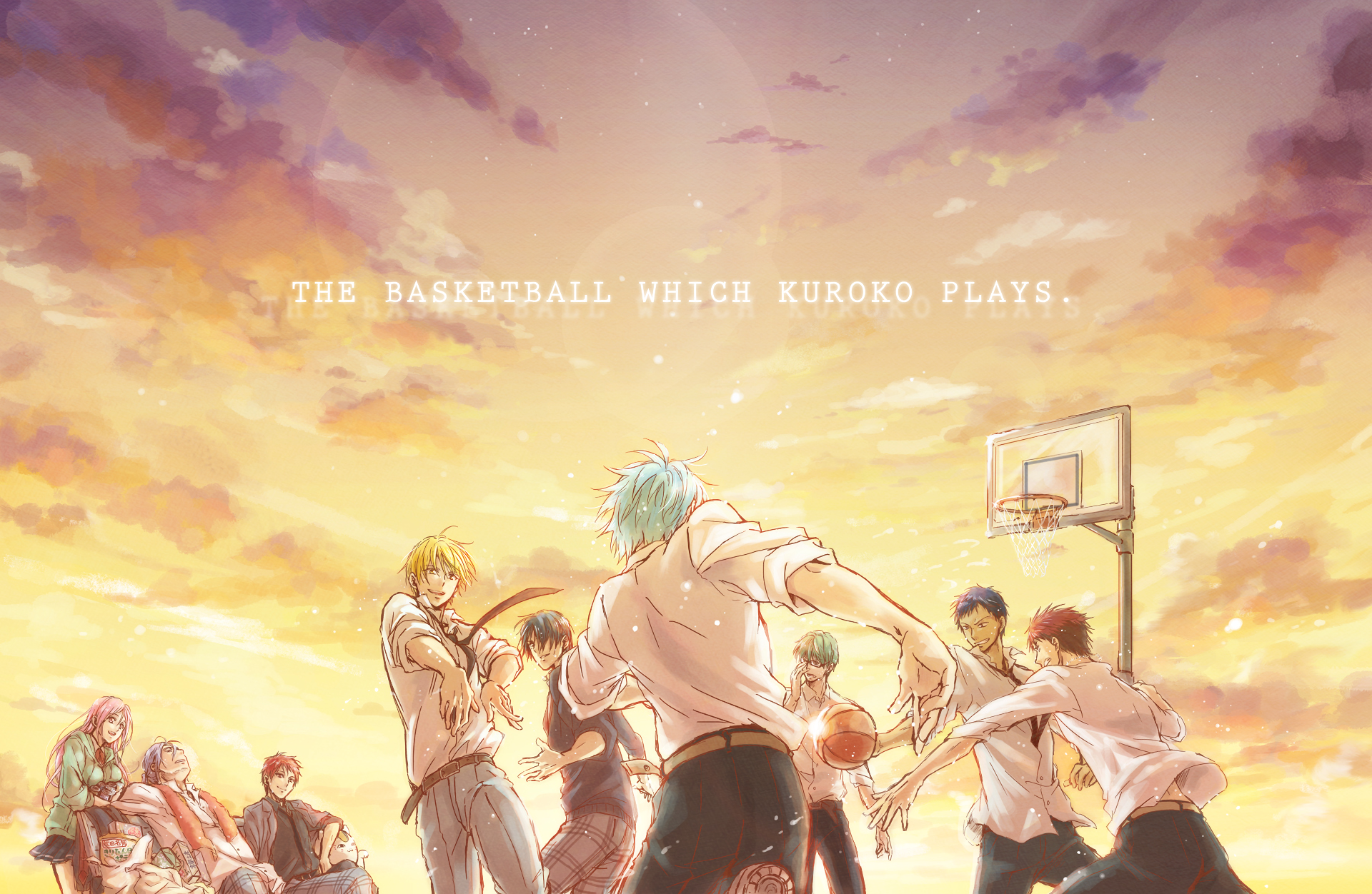 HD desktop wallpaper from the anime Kuroko's Basketball depicting a dynamic basketball game at sunset, featuring characters in action with a dramatic sky background.