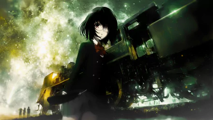 A high-definition wallpaper featuring Mei Misaki from the anime Another, standing in front of a mysterious train under a starry sky, exuding an eerie and captivating atmosphere.