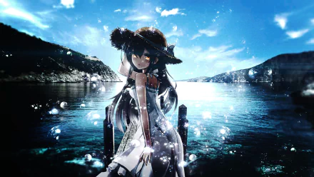 Anime-style original HD desktop wallpaper featuring a girl in a wide-brimmed hat by a sparkling lake with mountains and a bright blue sky in the background.