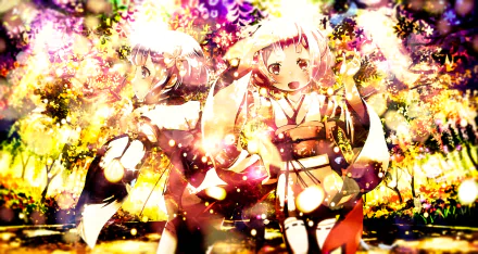 HD anime wallpaper featuring Ram and Rem from Re:Zero - Starting Life in Another World, surrounded by vibrant, glowing floral effects in a dynamic, colorful scene.