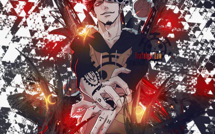 HD desktop wallpaper featuring Trafalgar Law from the anime One Piece. The dynamic background showcases contrasting black, white, and red elements.