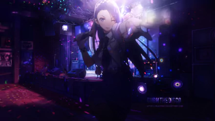 Rail Wars! anime HD PC desktop wallpaper: a determined female agent in a dark uniform aims a handgun in a neon-lit station, surrounded by colorful lights and confetti.