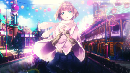 HD PC desktop wallpaper featuring an anime character from Aldnoah.Zero, standing in a vibrant, colorful cityscape with soft lighting and festive decorations.