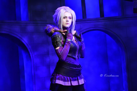 HD PC desktop wallpaper featuring a woman cosplaying as a character from the video game Destiny, set against a vibrant blue, arched background.