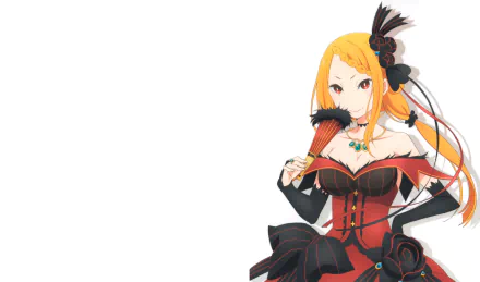 Priscilla Barielle from Re:Zero - Starting Life in Another World, anime-style, in a red-black gown holding a fan at right on a white background — 5K Ultra HD PC desktop wallpaper.