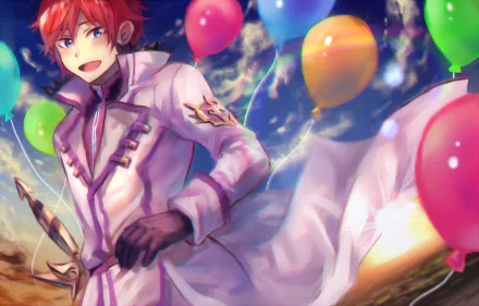 HD PC desktop wallpaper featuring Reinhard van Astrea from the anime Re:Zero - Starting Life in Another World, surrounded by colorful balloons and a vibrant sky backdrop.