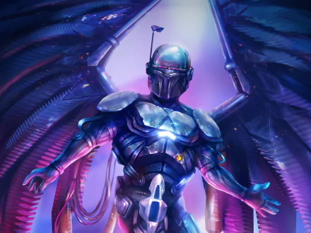 HD PC desktop wallpaper: winged mercenary in Boba Fett-style armor, chrome plating under purple-blue sci‑fi lighting — Star Wars background.