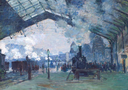 Artistic painting of a train station with steam locomotives under a large roof, rendered as a high-definition PC desktop wallpaper and background.