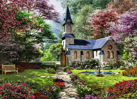 HD wallpaper of a picturesque garden in full bloom during spring, featuring a serene path, a small fountain, and a charming chapel surrounded by blossoming trees and vibrant flowers.