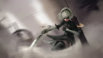 HD wallpaper featuring YoRHa No.2 Type B from NieR: Automata. The white-haired woman warrior in a black dress wields a sword in a dynamic action pose amidst a foggy background.