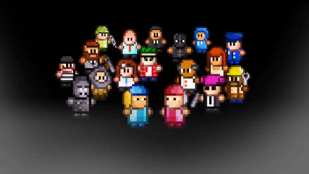 HD desktop wallpaper featuring pixel art characters from the game Streets of Rogue on a black background.
