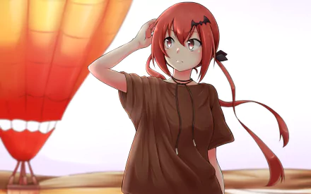 HD desktop wallpaper featuring Satanichia Kurumizawa McDowell from the anime Gabriel DropOut, standing with a thoughtful expression, with a bright, warm balloon background.