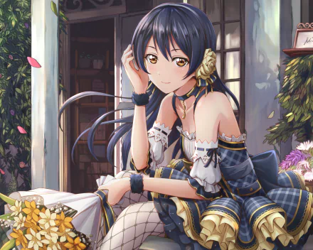 HD anime desktop wallpaper featuring Umi Sonoda from Love Live!, sitting outdoors with flowers and an open book, showcasing detailed and vibrant artwork.