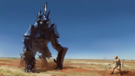 4K Ultra HD PC desktop wallpaper and background: a vast horizon over arid plains where a towering armored fantasy creature faces a lone archer under a dramatic sky.