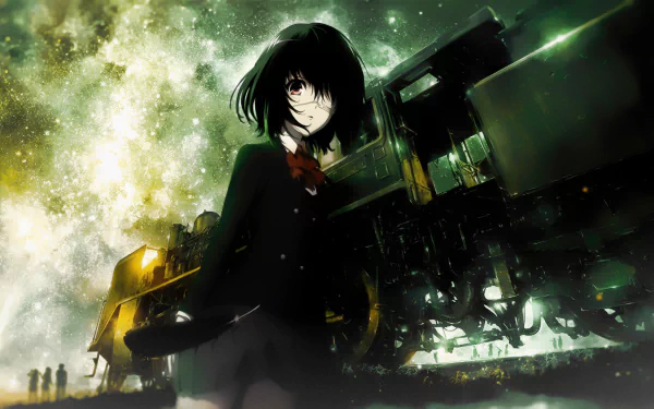 A high-definition wallpaper featuring Mei Misaki from the anime Another, standing in front of a mysterious train under a starry sky, exuding an eerie and captivating atmosphere.