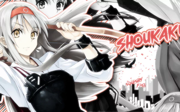 Shoukaku from Kantai Collection (Kancolle) anime in an HD PC desktop wallpaper, monochrome with red accents, holding an oar against a stylized city skyline and bold logo.