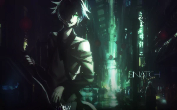 HD PC desktop anime wallpaper: a lone Rokka: Braves Of The Six Flowers character in a neon-lit, rain-soaked alley with a moody green glow.