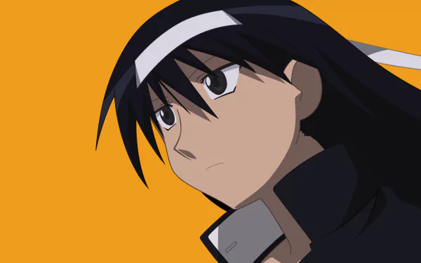 HD PC desktop wallpaper: Azumanga Daioh anime close-up of Sakaki against a bold orange background, serious expression with visible school uniform collar.