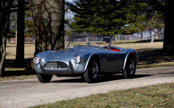 Silver AC Cobra classic car parked on a tree-lined drive in a sunlit park — 4K Ultra HD PC desktop wallpaper and background.