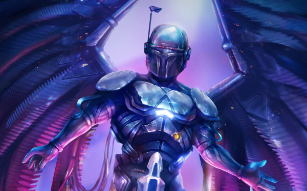 HD PC desktop wallpaper: winged mercenary in Boba Fett-style armor, chrome plating under purple-blue sci‑fi lighting — Star Wars background.