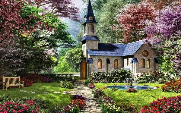 Religious Chapel Church Spring Tree Blossom Garden Path Fountain HD Wallpaper | Background Image