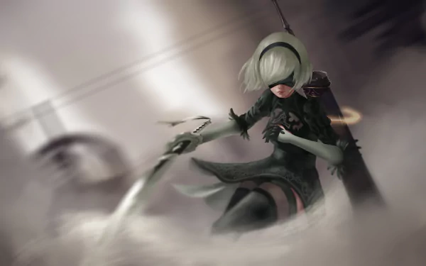 HD wallpaper featuring YoRHa No.2 Type B from NieR: Automata. The white-haired woman warrior in a black dress wields a sword in a dynamic action pose amidst a foggy background.