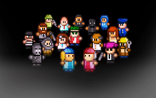 HD desktop wallpaper featuring pixel art characters from the game Streets of Rogue on a black background.