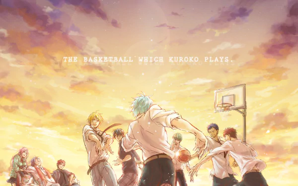 HD desktop wallpaper from the anime Kuroko's Basketball depicting a dynamic basketball game at sunset, featuring characters in action with a dramatic sky background.