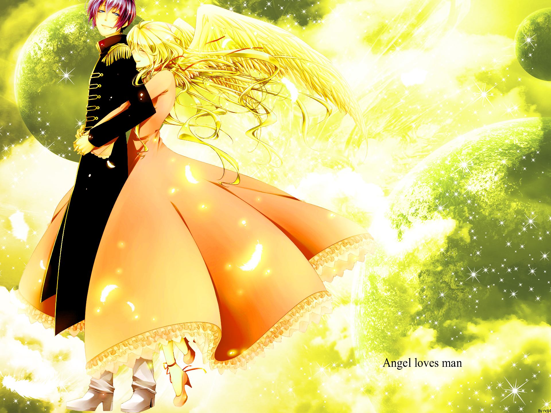 HD PC desktop wallpaper background from the anime Katekyō Hitman Reborn!: a blonde, angelic character in a flowing dress bathed in glowing green-yellow clouds.