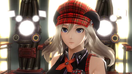 Silver-haired female character from the video game God Eater (God Eater Resurrection) in a red plaid cap and ribbon, posed before mechanical weaponry — 4K Ultra HD PC desktop wallpaper/background.