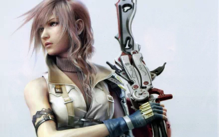 HD PC desktop wallpaper featuring a detailed, close-up image of Lightning from the video game Final Fantasy XIII holding a large weapon.