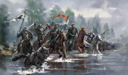HD desktop wallpaper featuring a fantasy scene from Game of Thrones with warriors on horseback, wielding flags, in a river. A large wolf accompanies them, creating a dramatic A Song of Ice and Fire depiction.