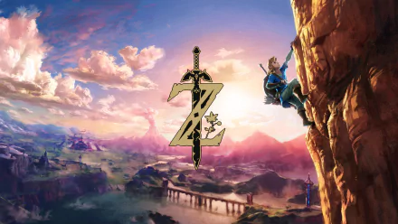 HD desktop wallpaper featuring Link from The Legend of Zelda: Breath of the Wild climbing a mountain in Hyrule, with the game's logo over a breathtaking landscape.