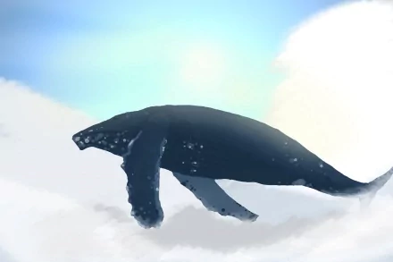 Fantasy 4K Ultra HD PC desktop wallpaper of a giant whale gliding through bright clouds against a soft blue sky.