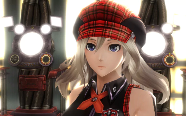 Silver-haired female character from the video game God Eater (God Eater Resurrection) in a red plaid cap and ribbon, posed before mechanical weaponry — 4K Ultra HD PC desktop wallpaper/background.
